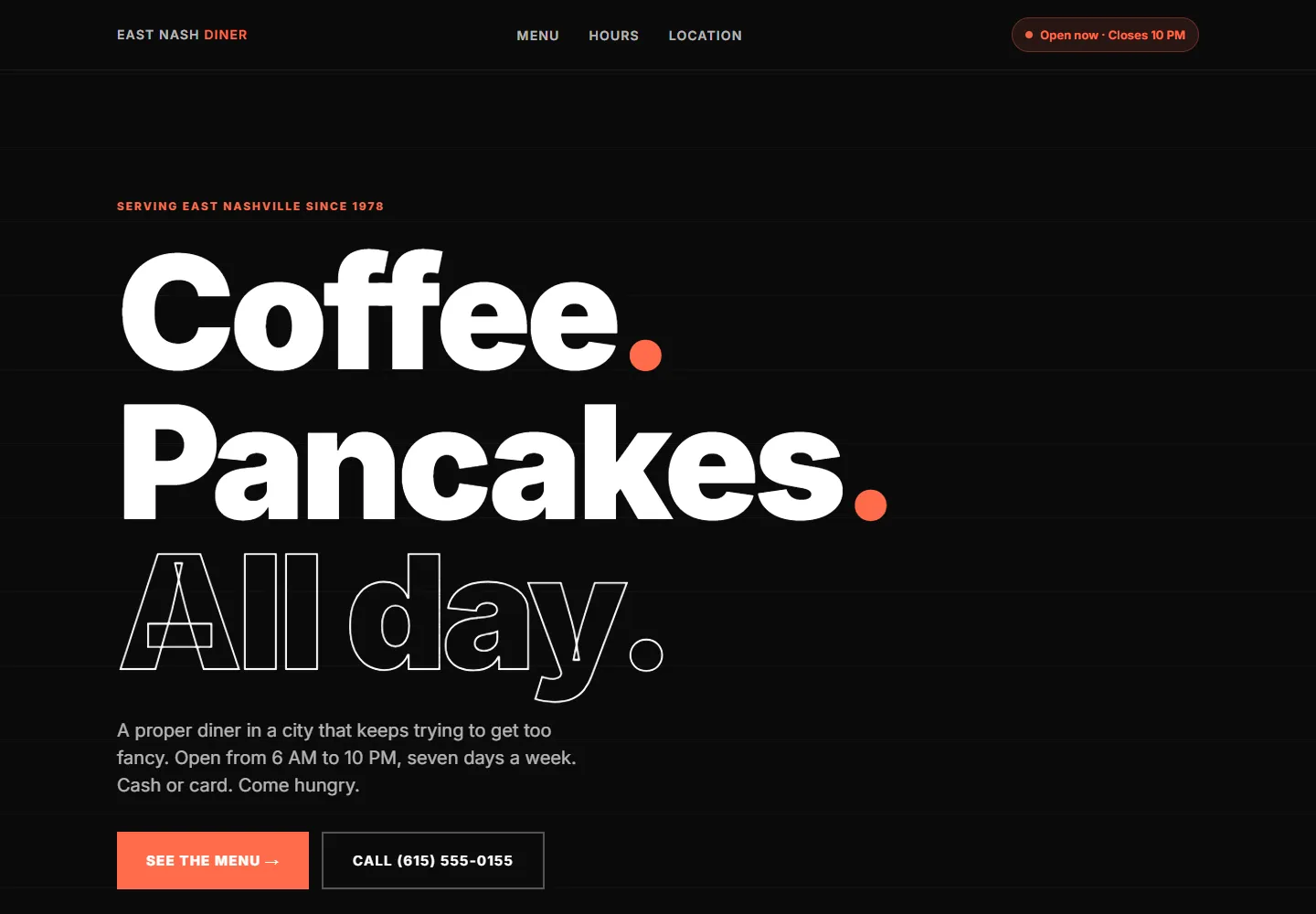 East Nash Diner website — bold black and coral restaurant site