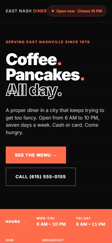 East Nash Diner homepage on a phone with the hours bar pinned at the bottom