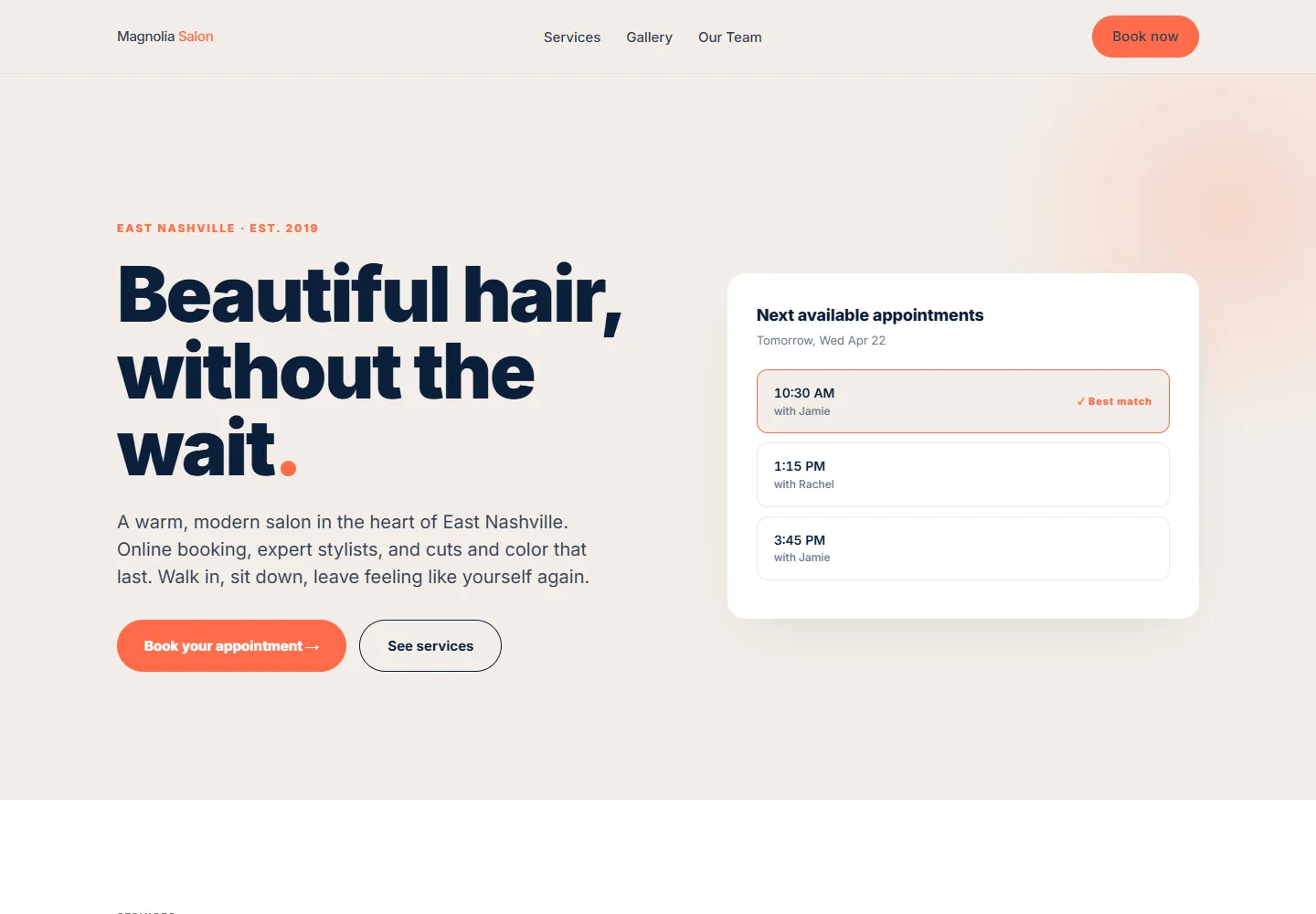 Magnolia Salon website — warm booking-first salon site