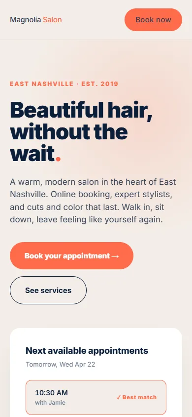 Magnolia Salon homepage on a phone showing the booking button and next available appointments