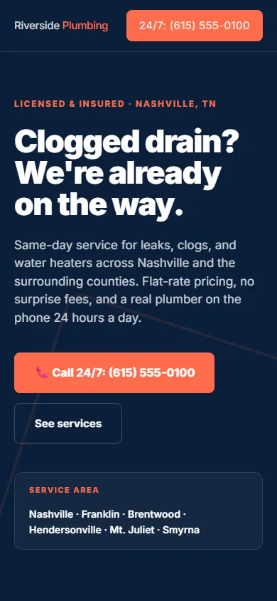Riverside Plumbing homepage on a phone with a full-width call button in the thumb zone